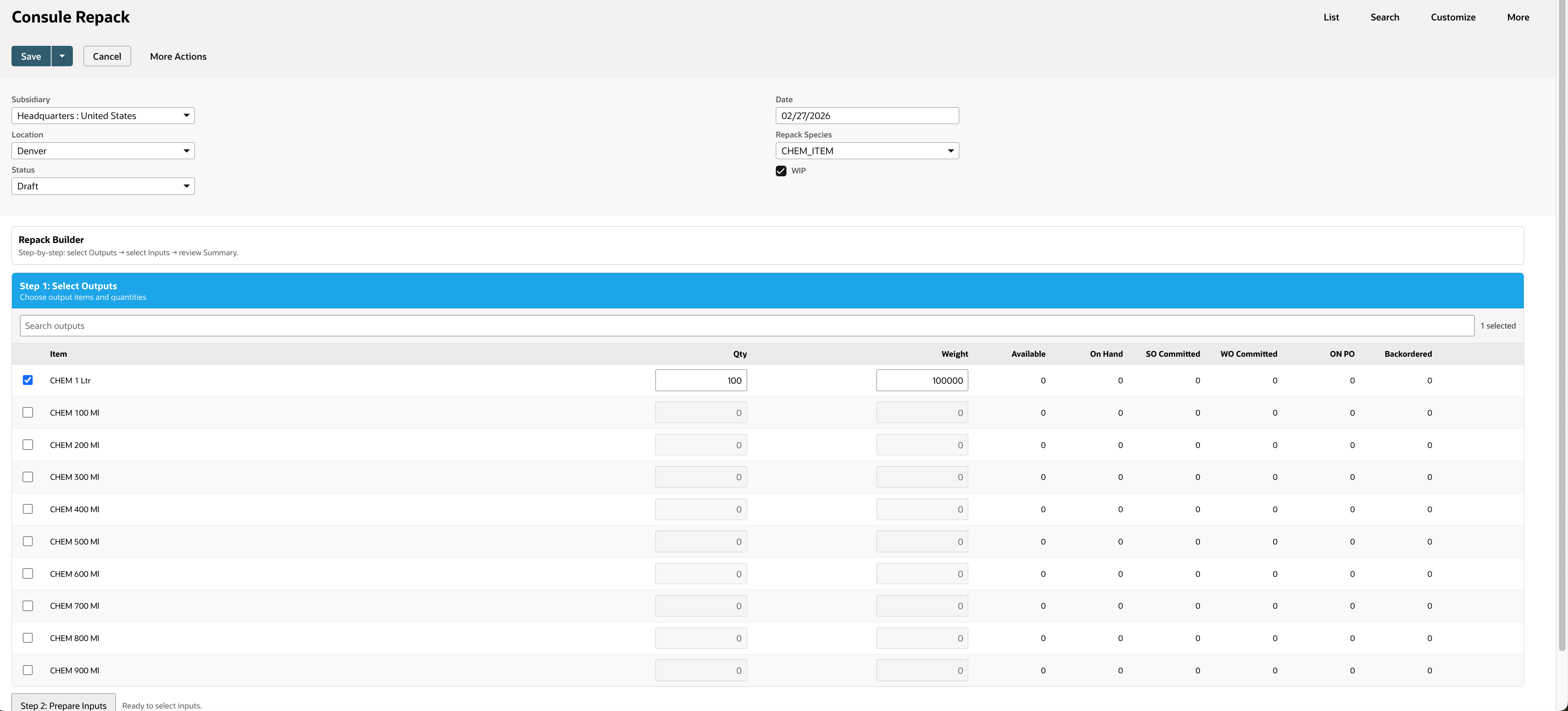 Repack Orders enter inputs