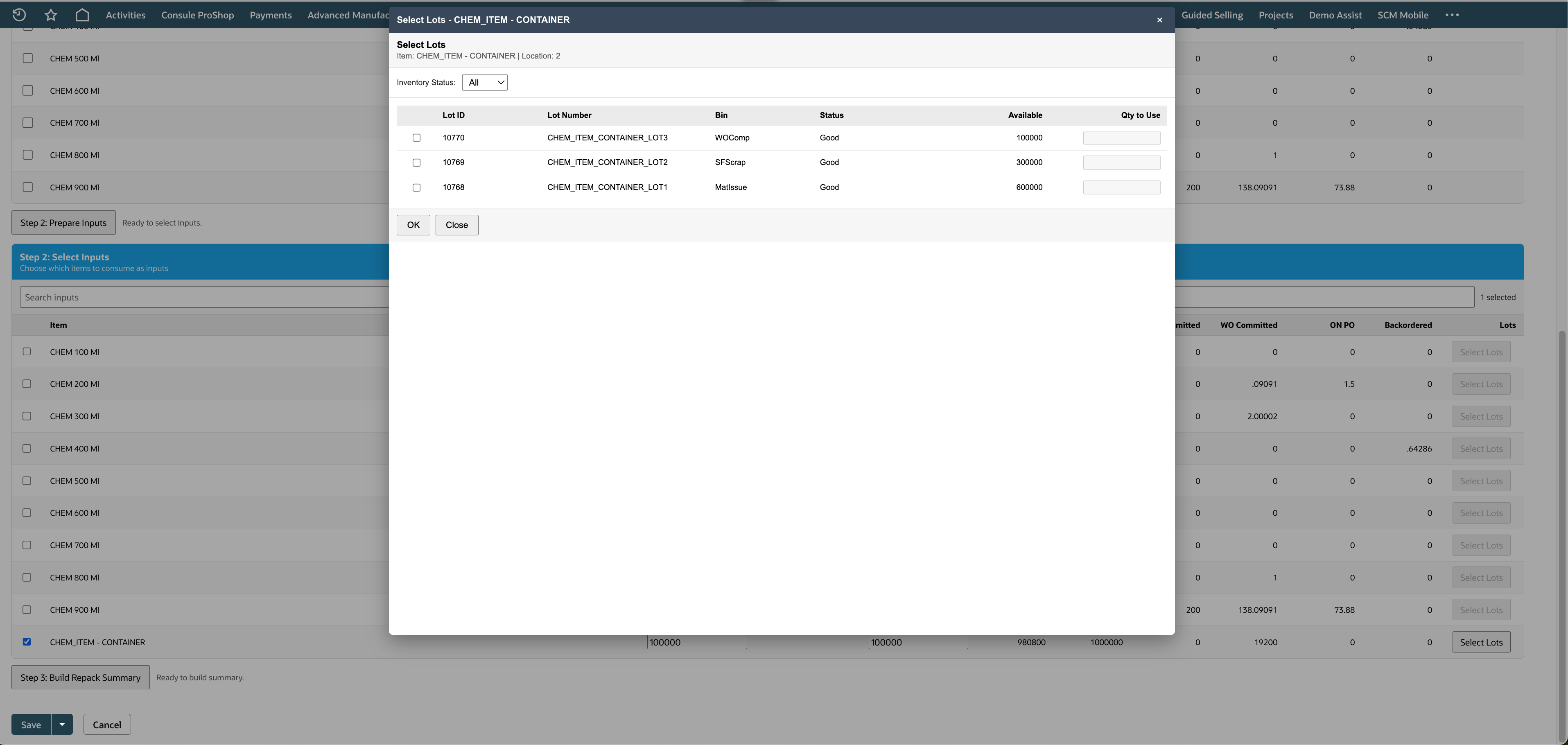 Repack Orders lot selection