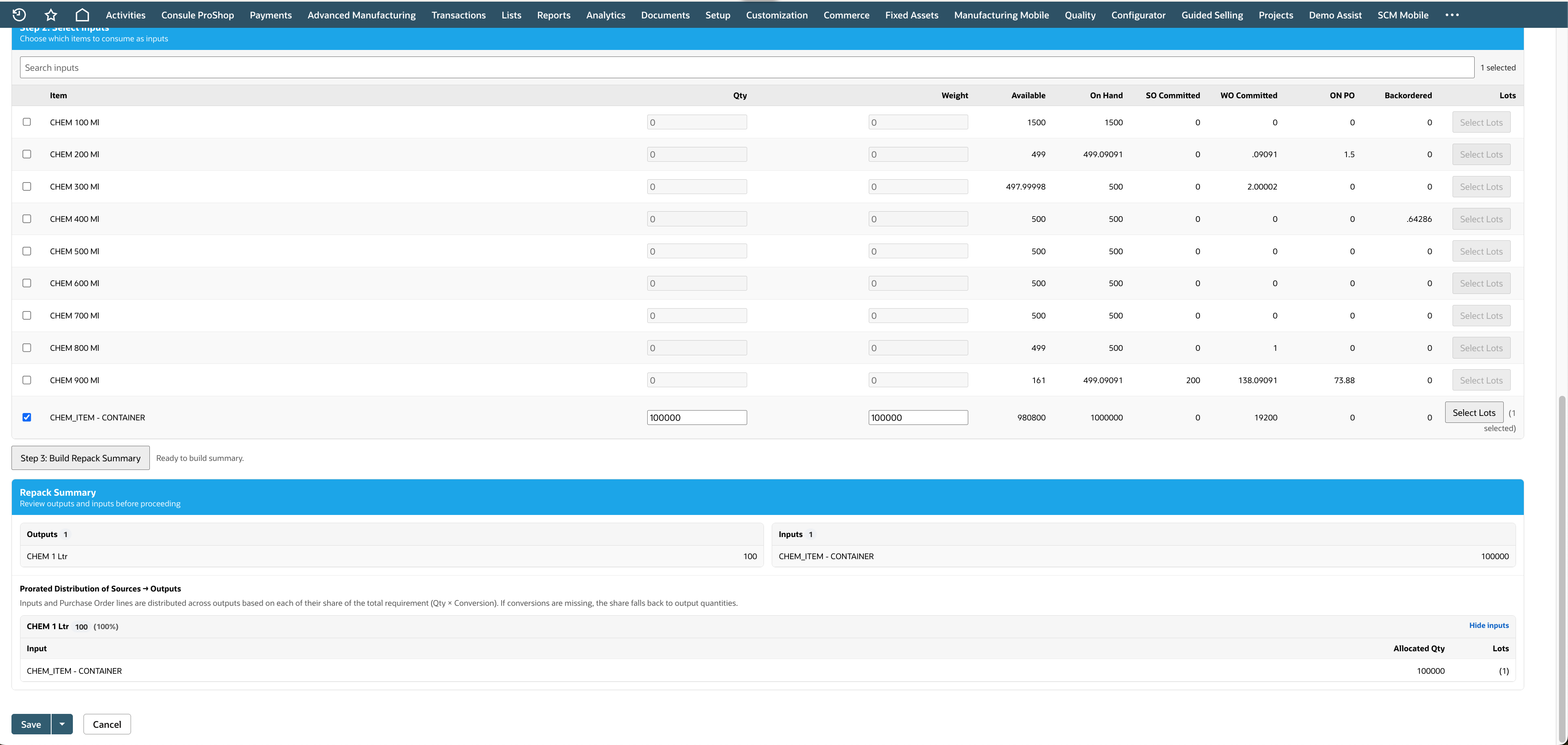 Repack Orders summary