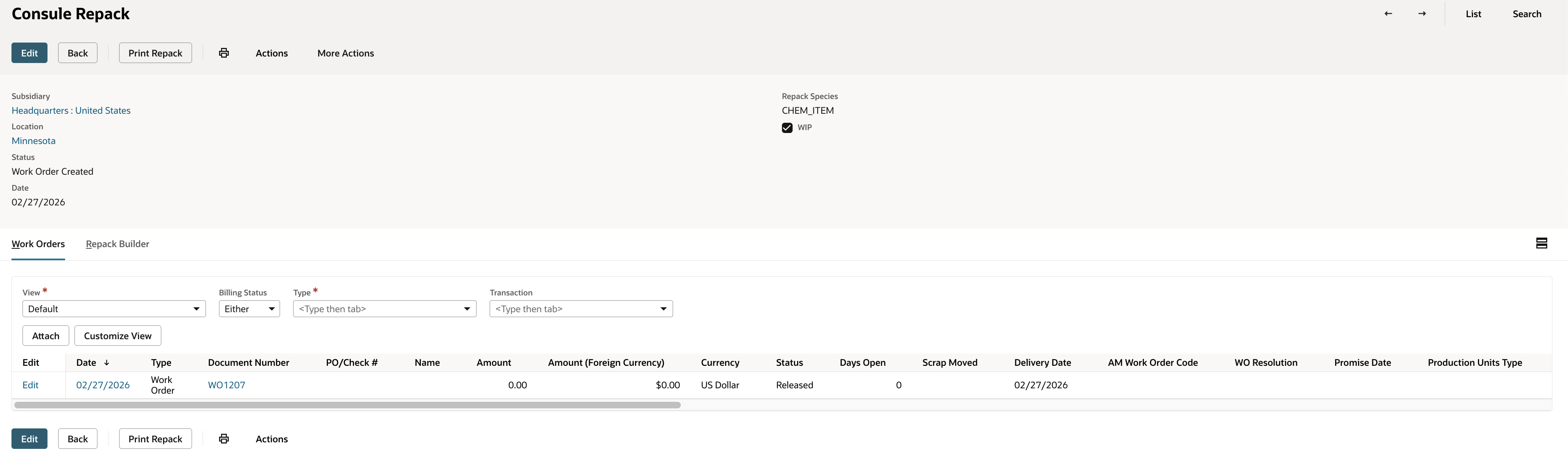 Repack Orders work order created
