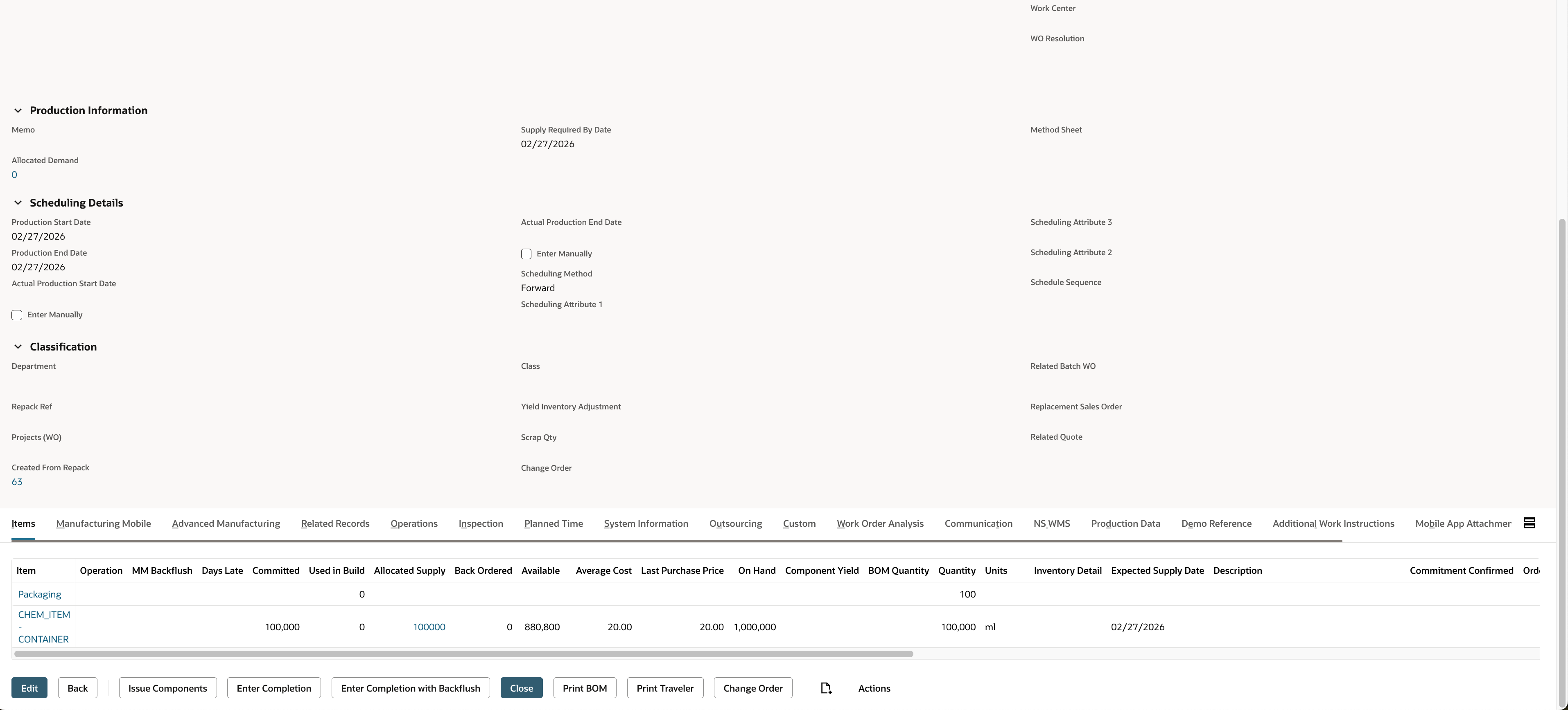 Repack Orders work order detail